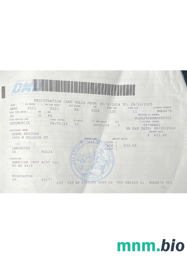USA Kalifornia licencja rejestracyjna pojazdu